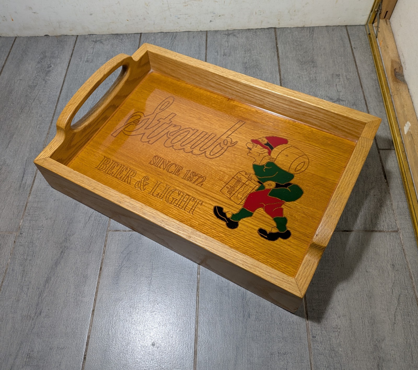 RARE Vintage Straub Beer - Heavy Oak Wood Serving Display Tray Folk Art