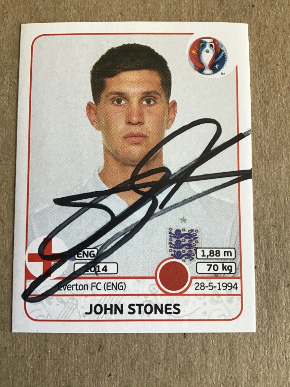 John Stones, England 🏴󠁧󠁢󠁥󠁮󠁧󠁿 UEFA Euro 2016 Panini hand signed