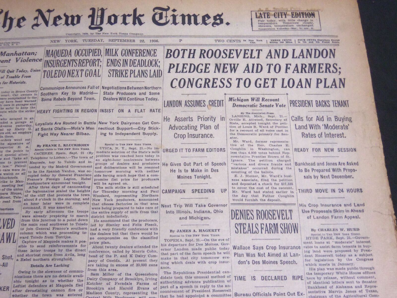 1936 SEPT 22 NEW YORK TIMES - ROOSEVELT AND LANDON PLEDGE AID TO FARM - NT 6886