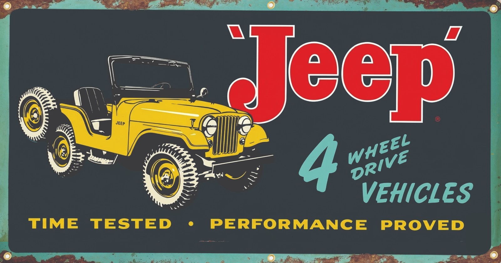 VINTAGE Late 1940s-mid 1950s Jeep Dealers repro banner 4 Garage, Man Cave VINTAGE Late 1940s-mid 1950s Jeep Dealers repro banner 4 Garage, Man Cave