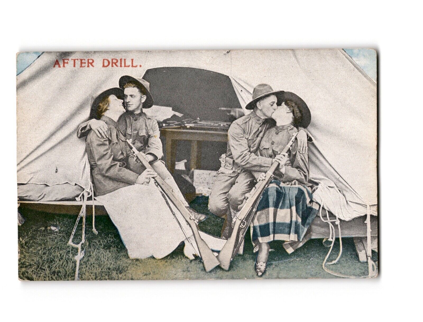 Antique Postcard 1910s After Drill Soldiers Lovers Tent Scene
