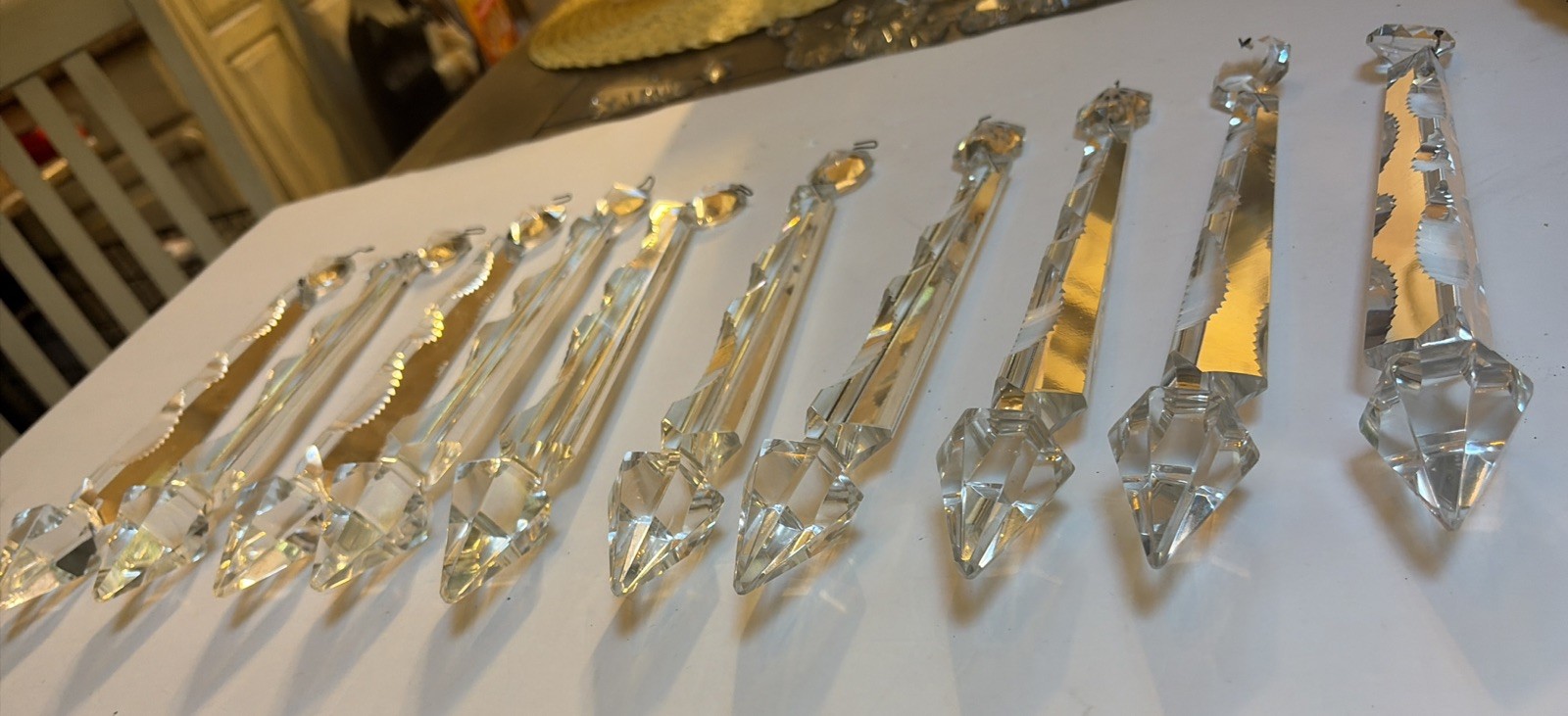 Antique Lot 10 Huge French Cut Crystal Chandelier Mantle Luster Spear Prisms 11”
