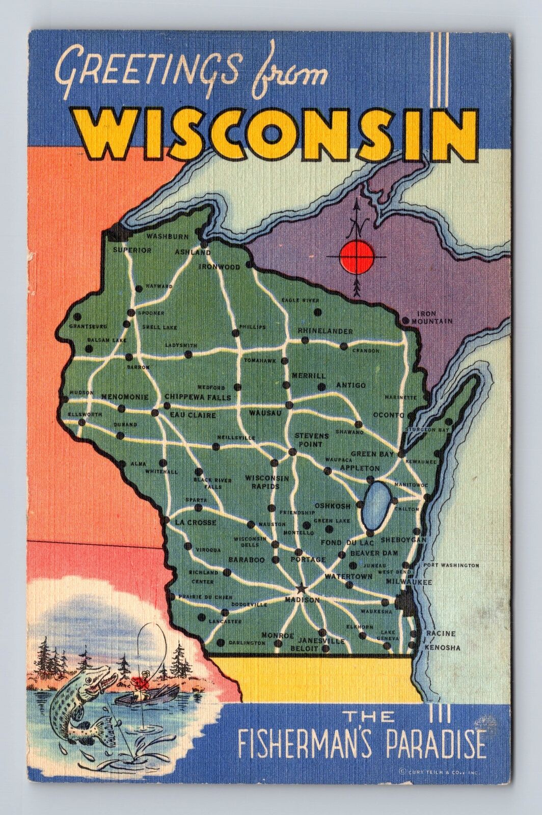WI-Wisconsin, General Greetings Landmarks Map, Antique, Vintage Postcard