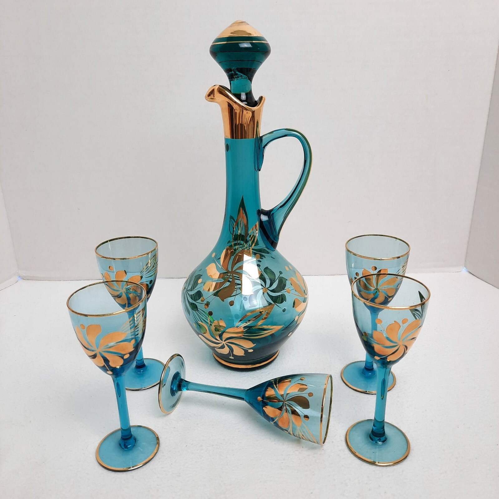 VTG Hungarian Hand Blown Teal Blue Decanter Stopper 5Cordial Glasses Gold Gilt