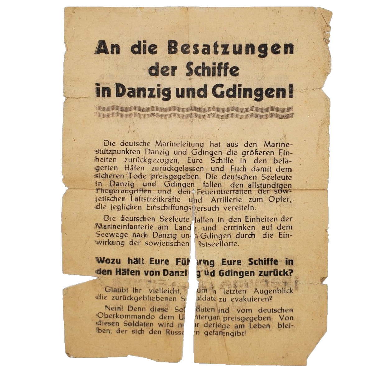 Original WW2 WWII German Allied Dropped 1944 ship Anti Propaganda Leaflet Danzig