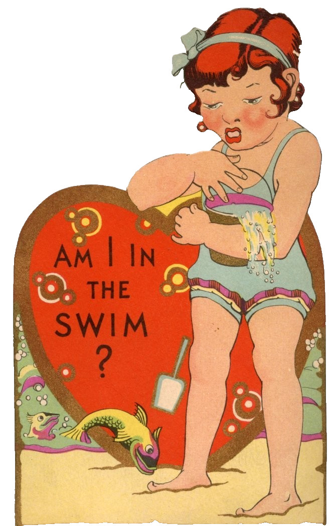 LARGE Vintage Valentine Card Weird Tired Sad Girl Beach Am I In The Swim c1930s