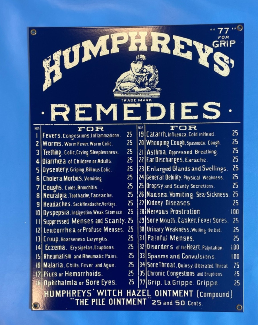 Vintage Humphreys' Remedies heavy Porcelain enamel Sign 12”x16” apothecary drugs