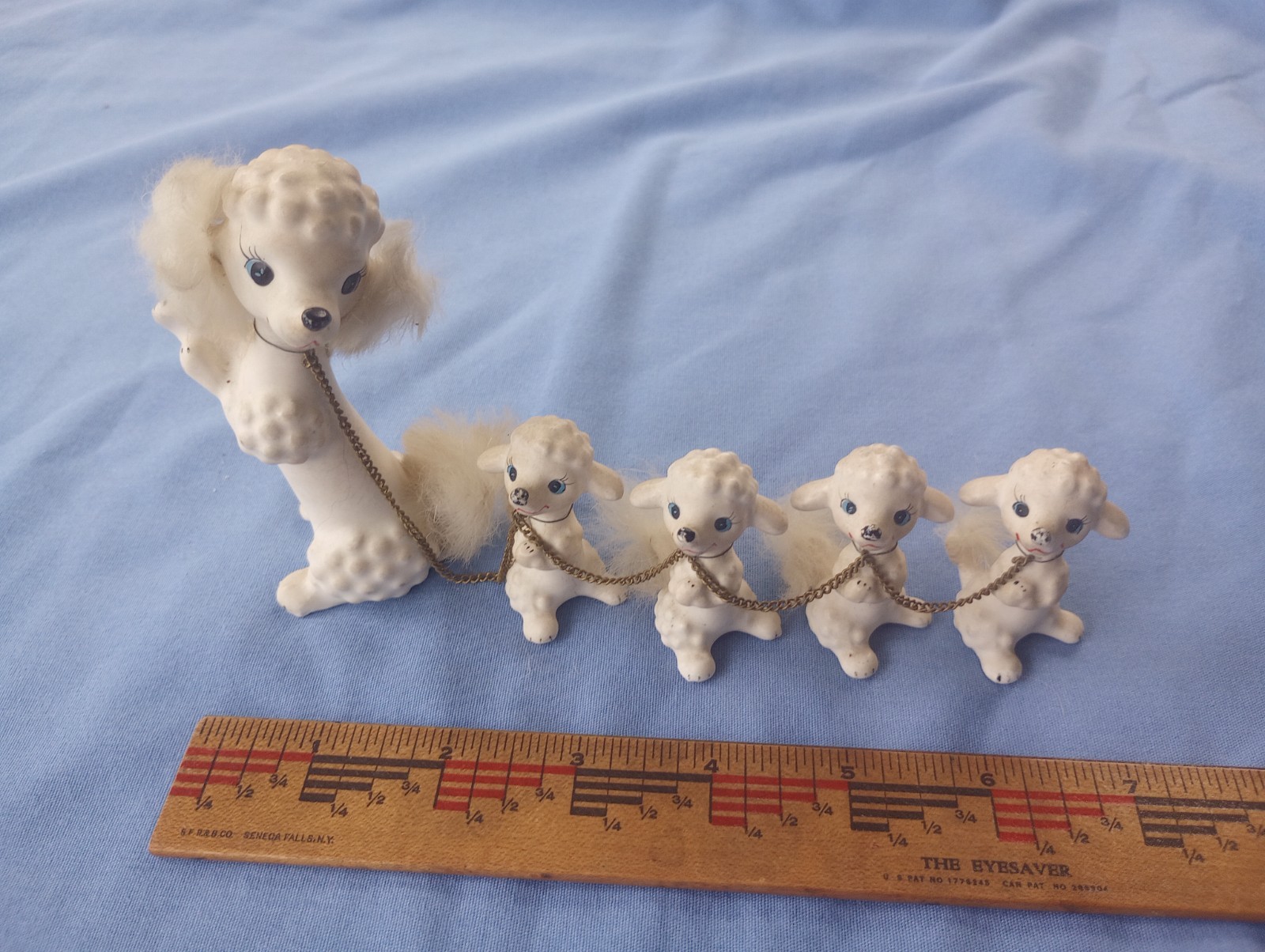Vintage Ceramic White Poodle Family mom 4 pups Figurines w/ Fur on chain