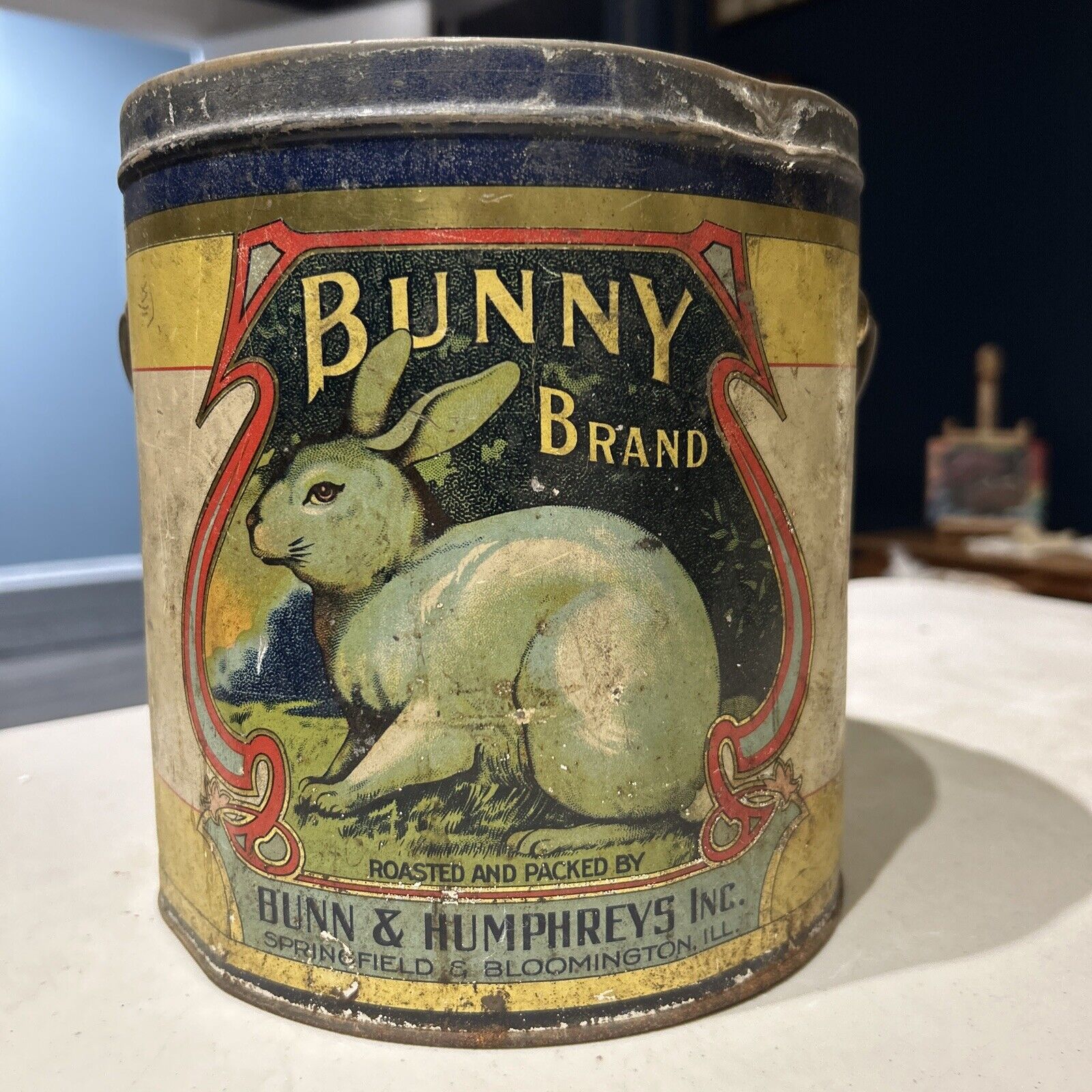 Antique 4lb Tin Coffee Bucket Bunny Brand Early Scarce No Lid 8” Tall