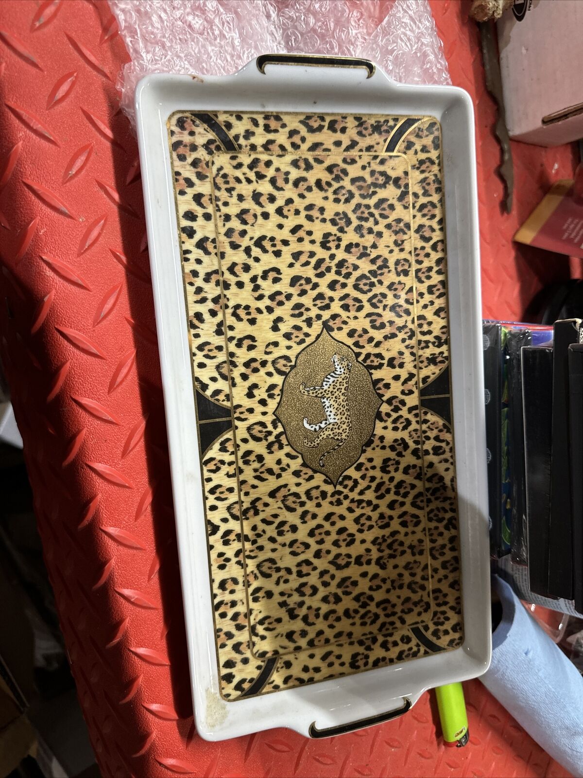 Vtg 1994 Lynn Chase Amazonian Jaguar Rectangular Porcelain 13 5/8” Tray 24k gold