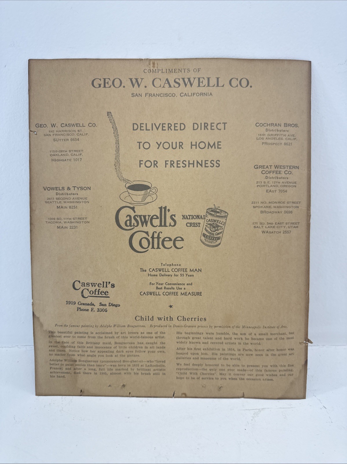 Vintage 1930-1940 Rare Caswell Coffee Cardboard Advertising Delivery Sheet