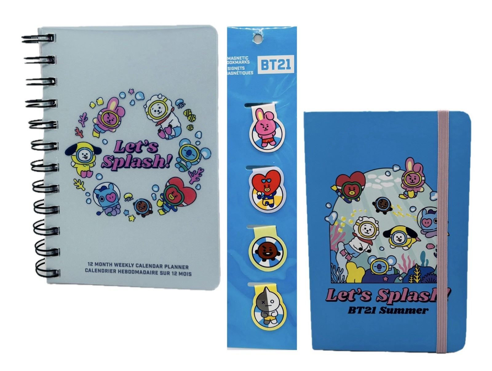 BT21 Let’s Splash Notebook, Monthly/Weekly Planer & Magnetic Bookmarks Set NWT