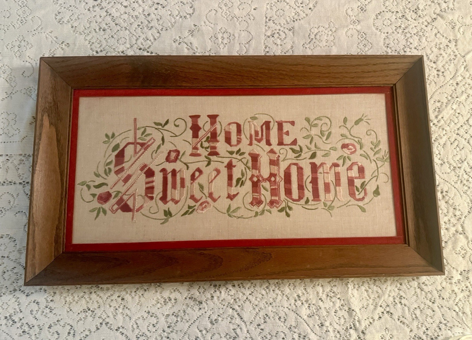 Antique Victorian Oak framed needlework motto HOME SWEET HOME GRANDMA CORE EUC