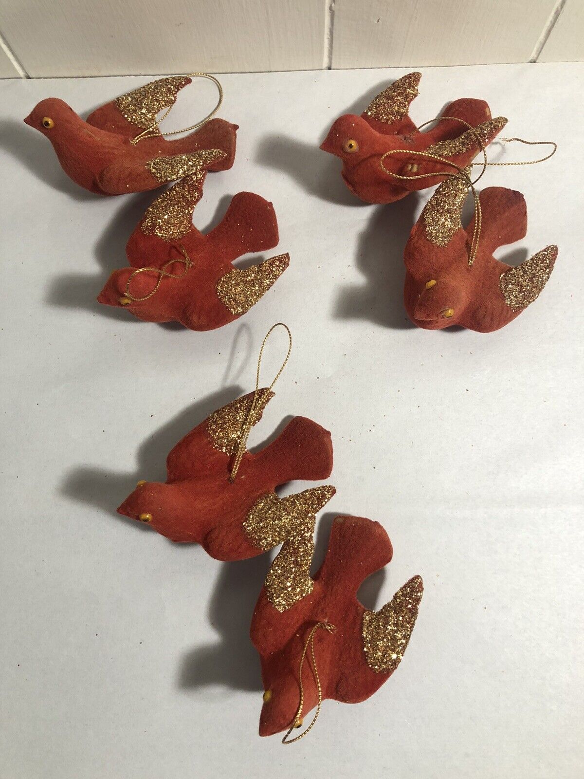 (6) Vtg RED Flocked w/GOLD Glitter Dove/Bird Christmas Ornaments 3.75 x 2.5  (B)