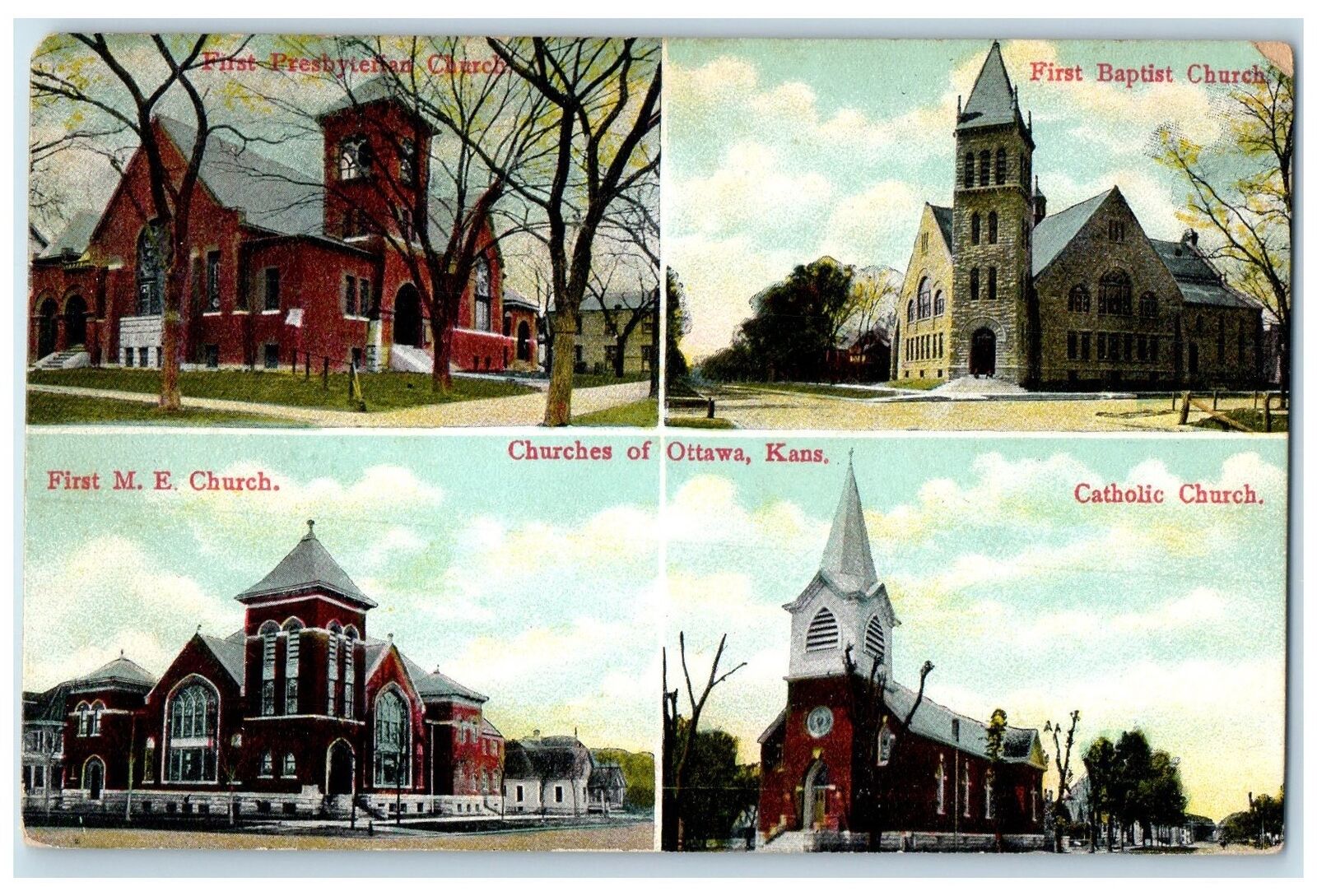 1909 Catholic Church First Baptist Church Churches Of Ottawa Kansas KS Postcard