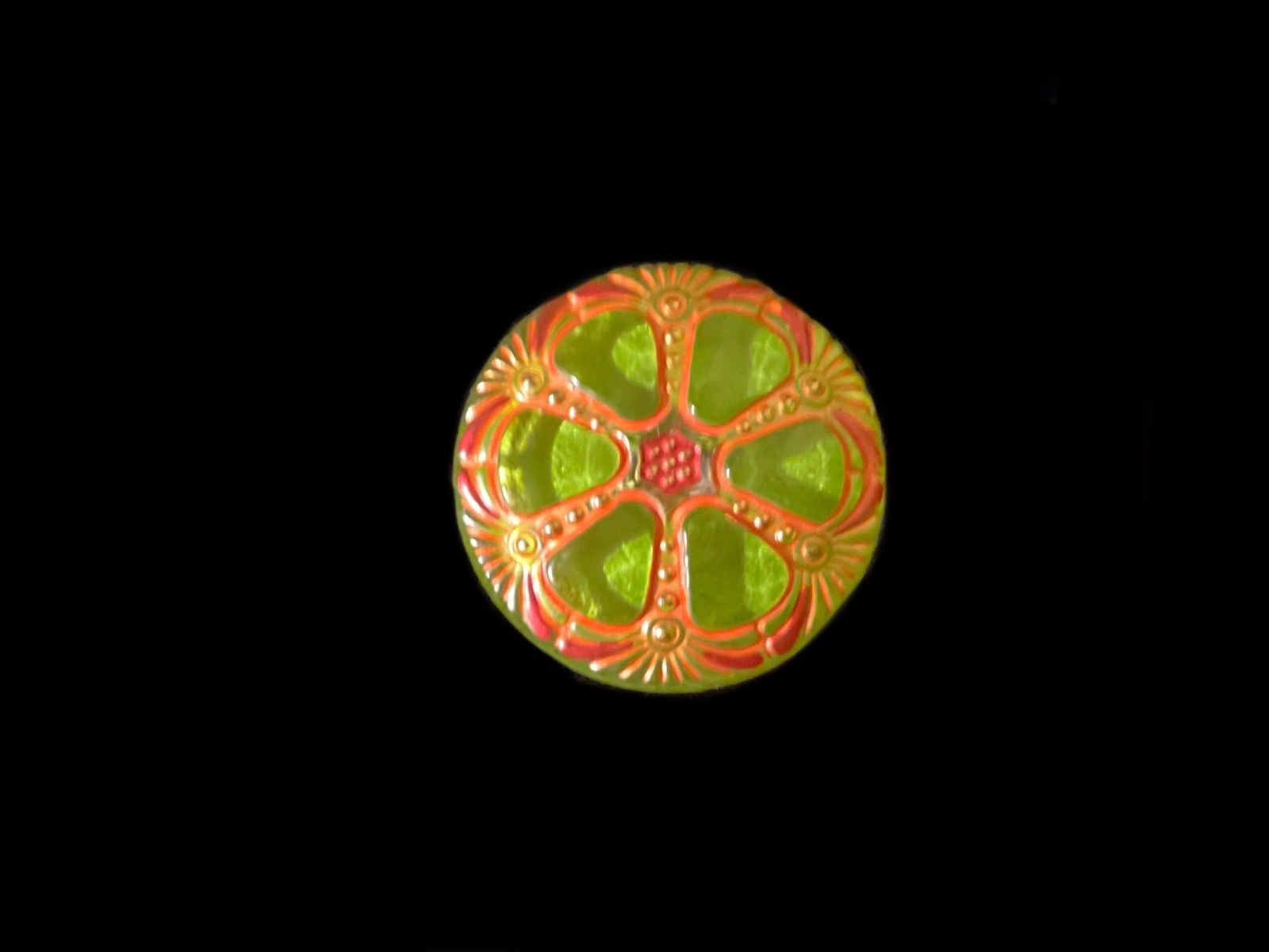 27mm Vintage Czech Glass Lime Green With Orange Wheel Button 27mm Vintage Czech Glass Lime Green With Orange Wheel Button