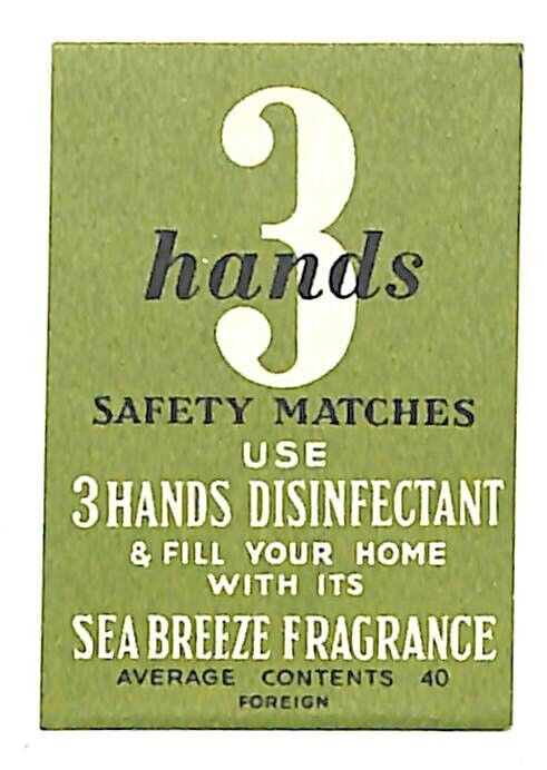 Vintage Matchbox Label 3 Hands Safety Matches Disinfectant Fragrance c1940's50's