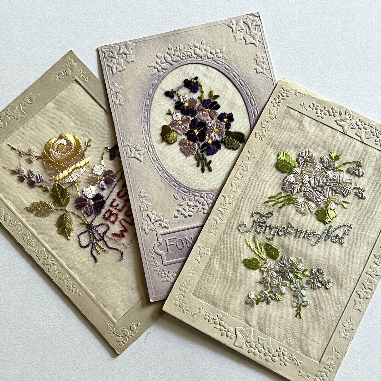 Antique Tuck Embossed Beautiful Embroidered Silk Postcard Lot Forget Me Not