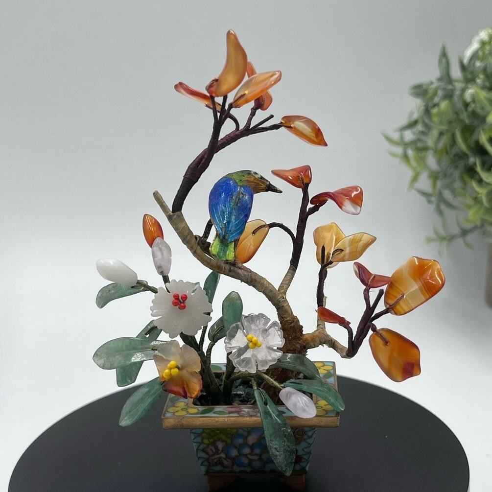 Vintage Chinese Jade Carnelian Quartz Bonsai Tree with Cloisonne Bird Flower Pot