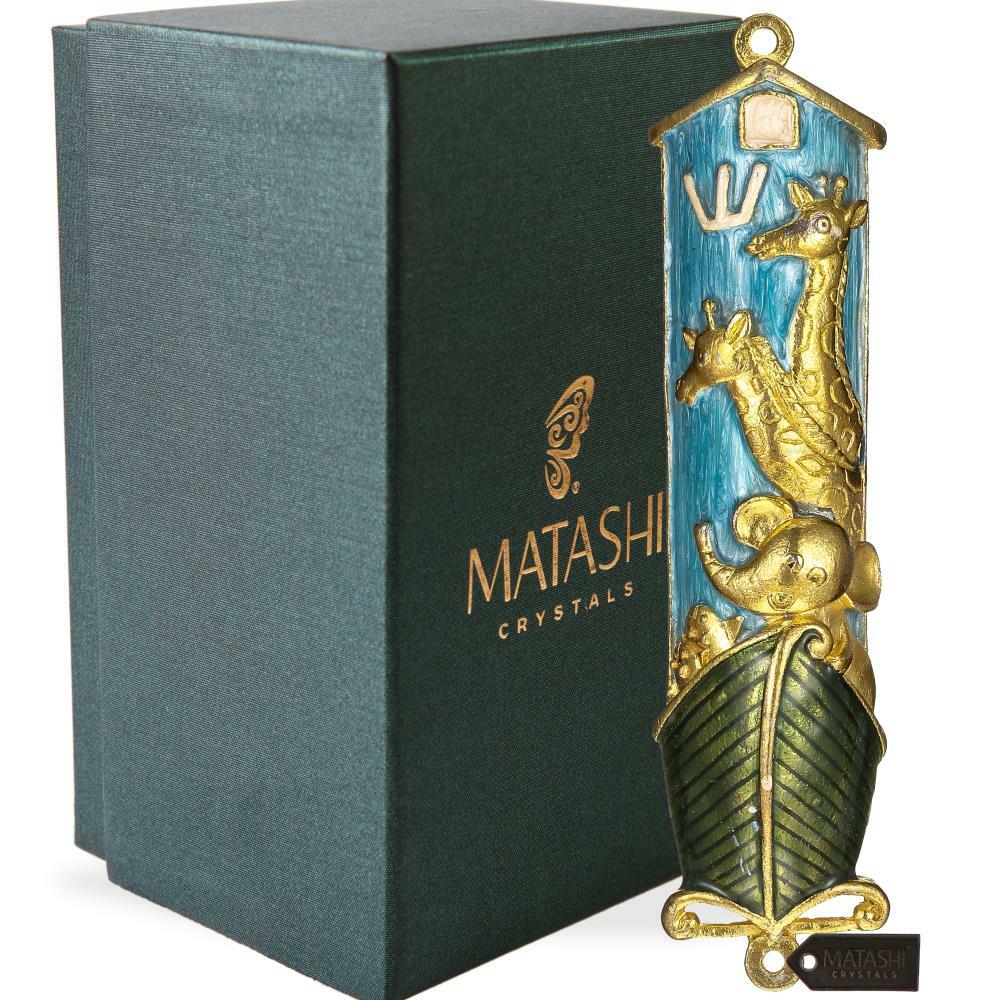 Matashi Hand Painted Blue Enamel Noah's Ark Mezuzah with Crystals, Gold Accents