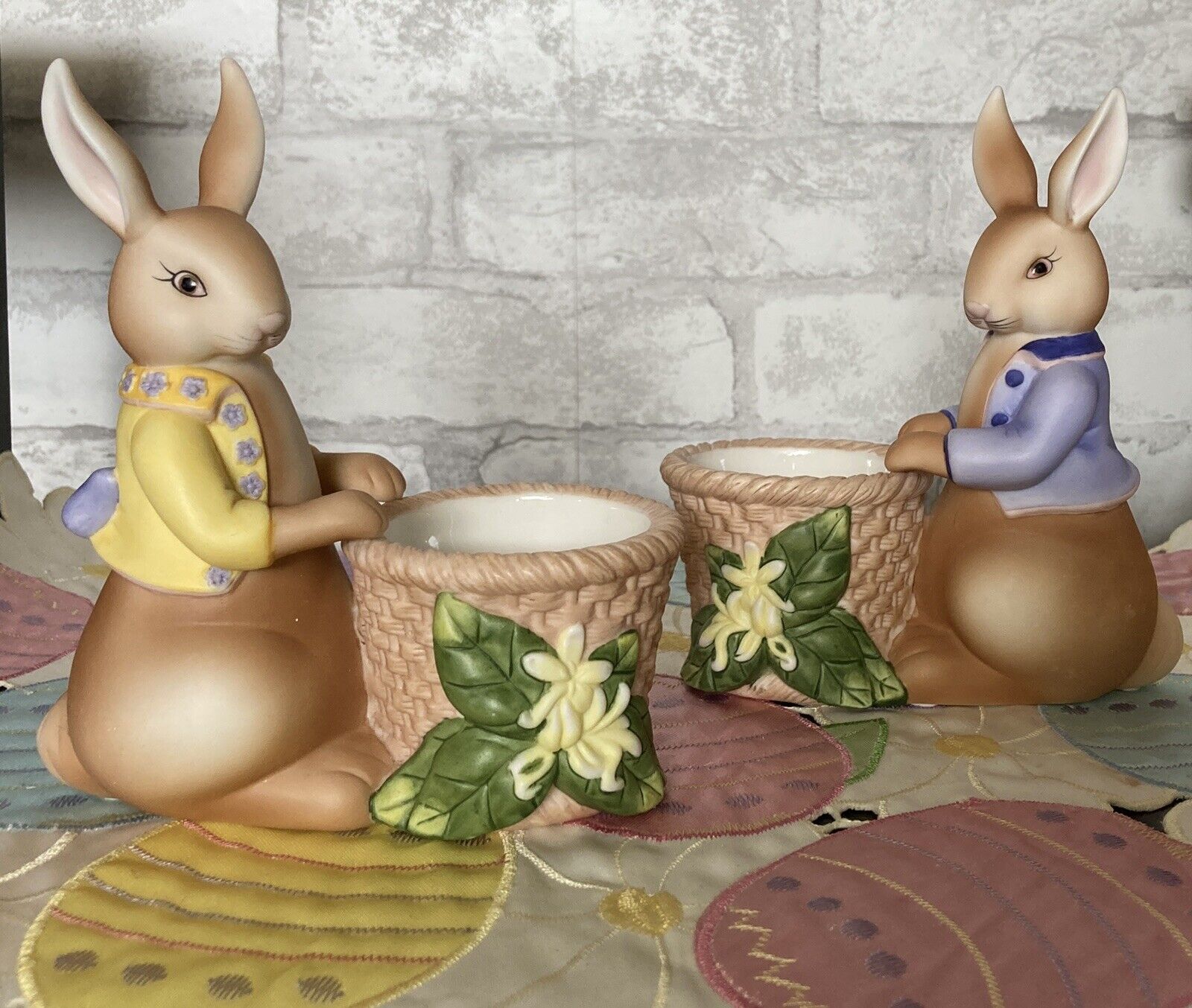 Partylite Easter Bertie & Bea Bunny Rabbit Ceramic Holders Spring Decor Planter