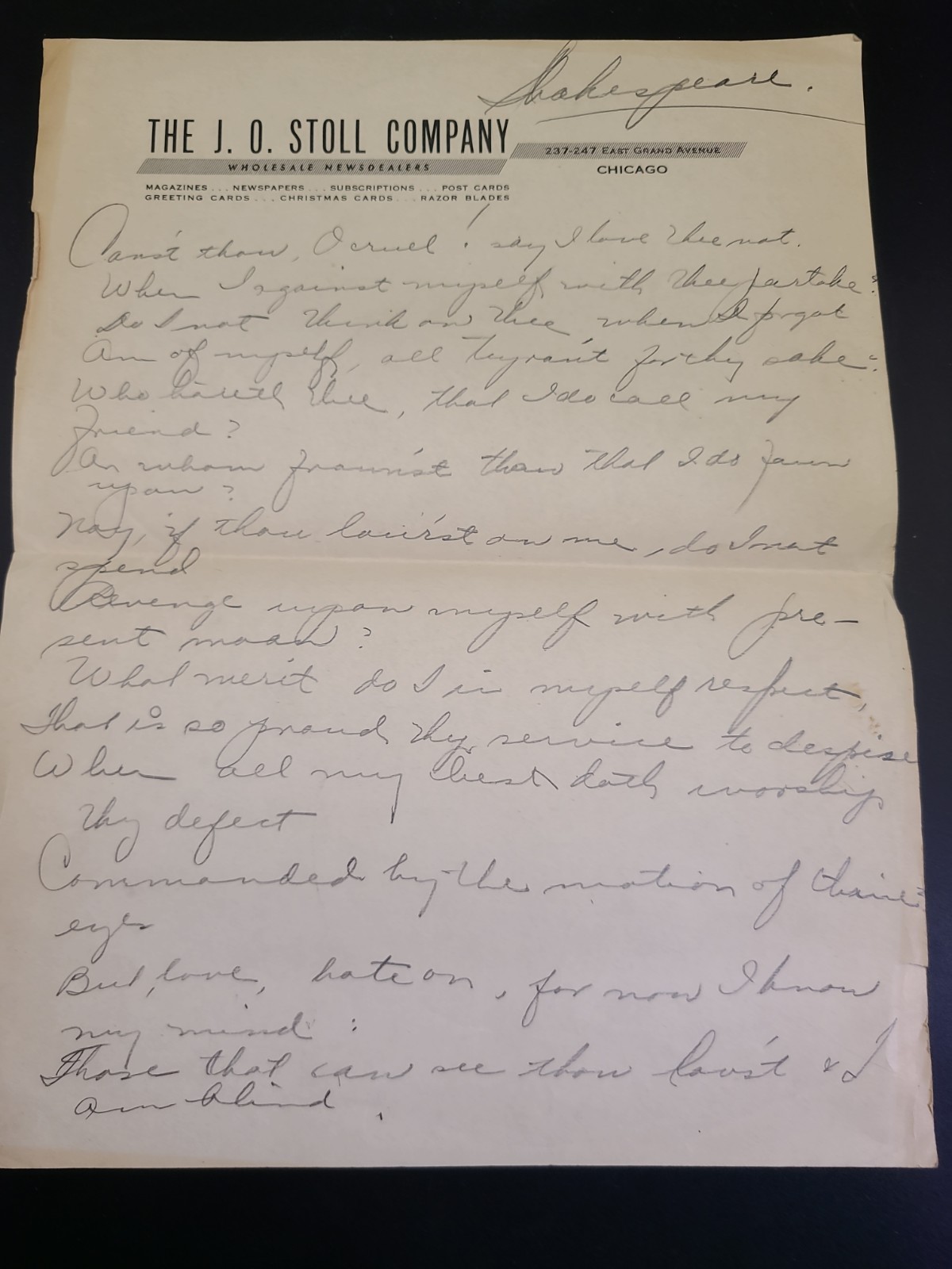 Vintage Chicago Letterhead The J.O. Stoll Co Newsdealers - Hand Written Sonnet
