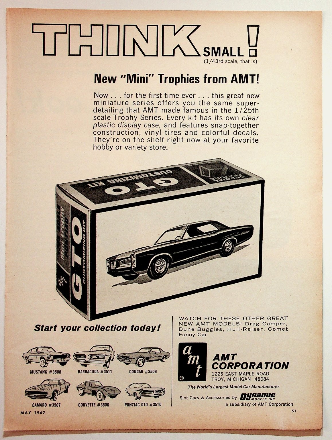 AMT 1967 Vintage Magazine Ad Mini Trophies 1/43 GTO Mustang Camaro Corvette AMT 1967 Vintage Magazine Ad Mini Trophies 1/43 GTO Mustang Camaro Corvette