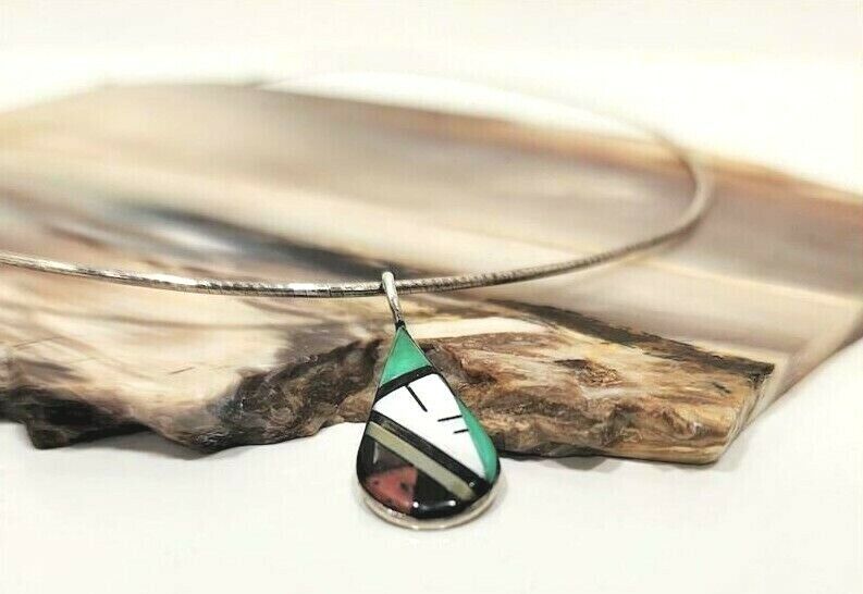 925 Sterling Southwest Zuni Inlay Necklace Turquoise Coral Pearl Jet 6.3gm GW12