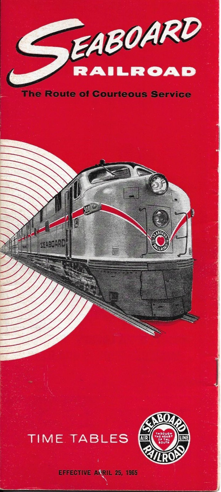 VINTAGE SEABOARD RAILROAD TIMETABLE April 25, 1r965  W/MAP. Excellent Condition.