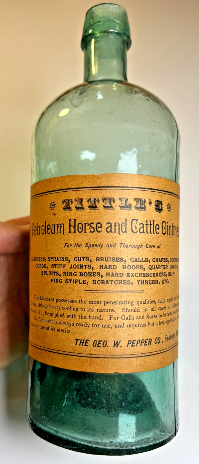 Antique Tittle’s Cattle Ointment Bottle Label Pontil Teal Peabody Massachusetts