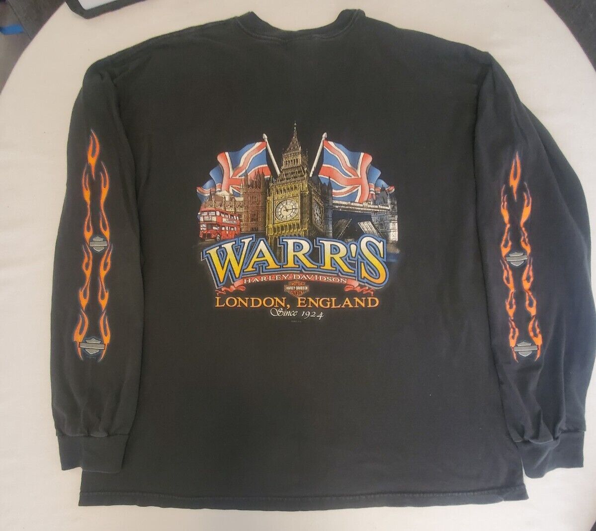Vtg 2001 Harley Davidson Warrs London England Long Sleeve Flame Mens 2XL T Shirt