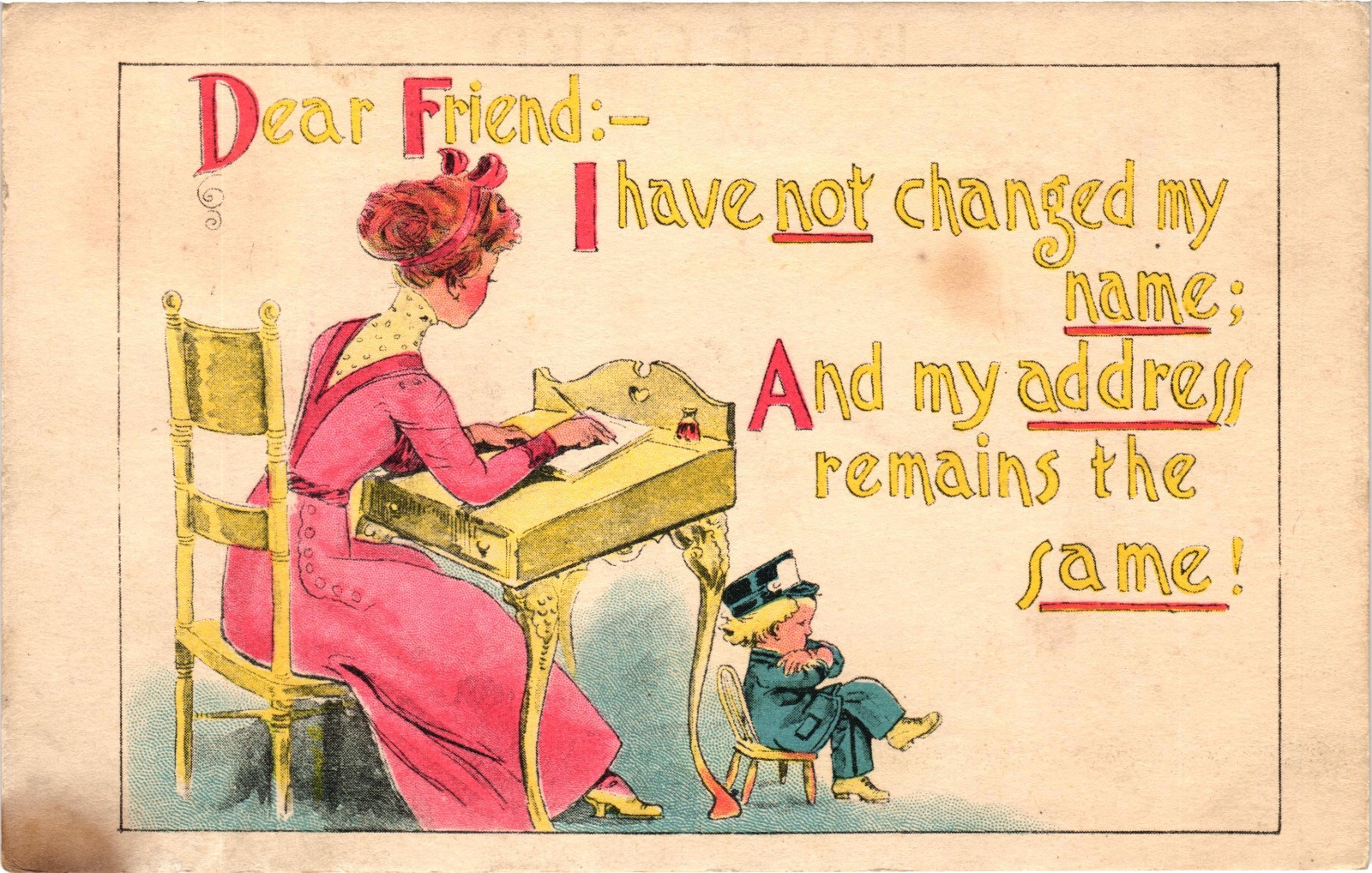 1914 Comic Woman Writing Desk Postcard Panama Nebraska March 1914