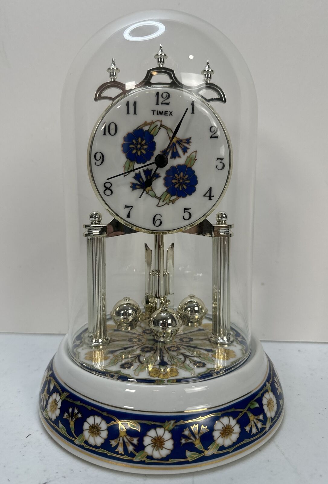 Vintage Timex Floral Anniversary Porcelain Glass Dome Clock