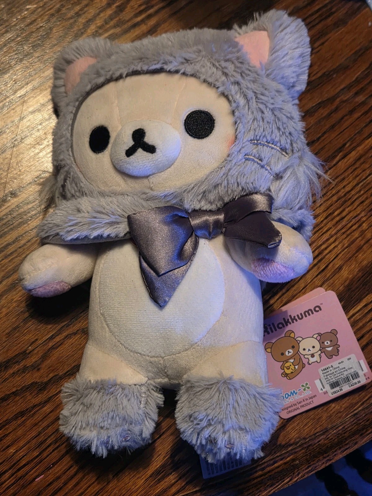 San-X Rilakkuma Korilakuma Plushie Dressed In Hooded Gray Cat Capelet NWT
