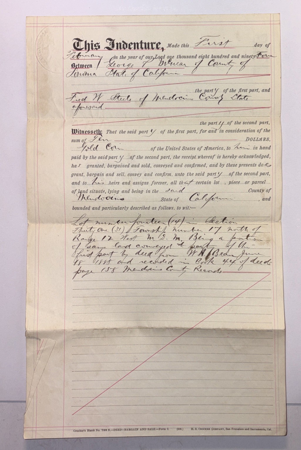 1894 Original Mendocino CA Land Deed – George P. McNear 
