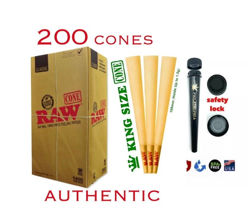 AUTHENTIC RAW classic king size pre rolled cone(200 cones) + safety lock tube