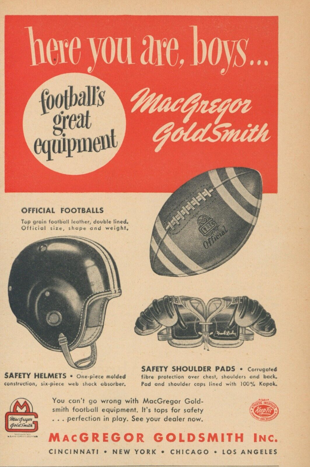 1951 MacGregor Goldsmith Football Equipment Helmet Pads Vintage Print Ad OR1