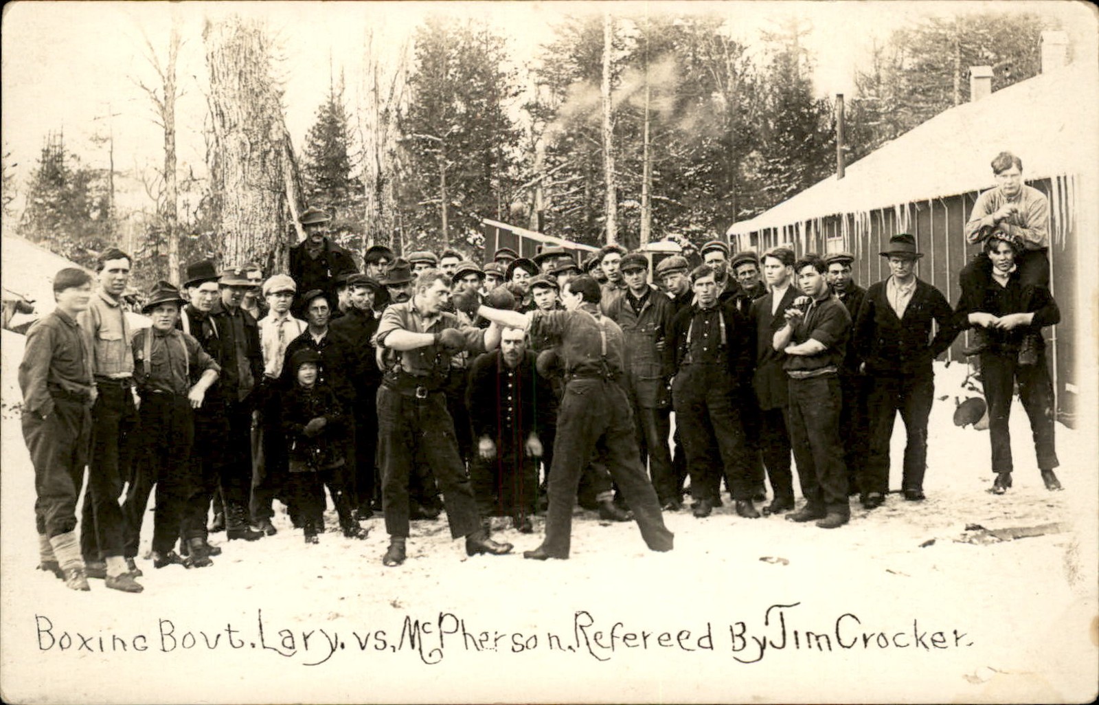 Maine Logging Lumber camp boxing bout w/ Ref c1910 RPPC WOW bhn Maine Logging Lumber camp boxing bout w/ Ref c1910 RPPC WOW bhn