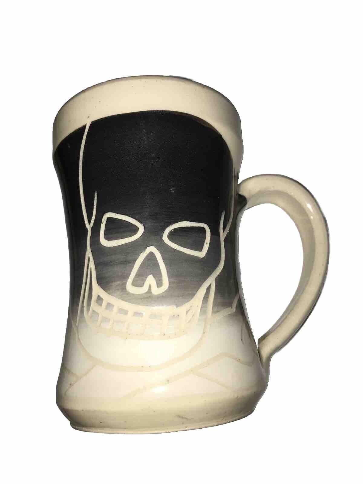 Studio Art Pottery Stamped & Signed  Mug Abstract Skull Cross Bones Unique Cup