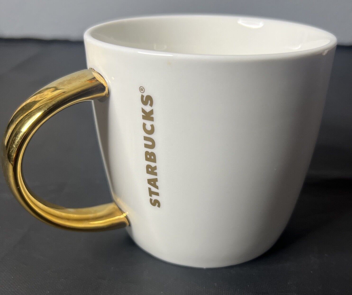 2015 Starbucks White & Gold Ceramic Coffee Mug 14 oz. Gold Starbucks Lettering