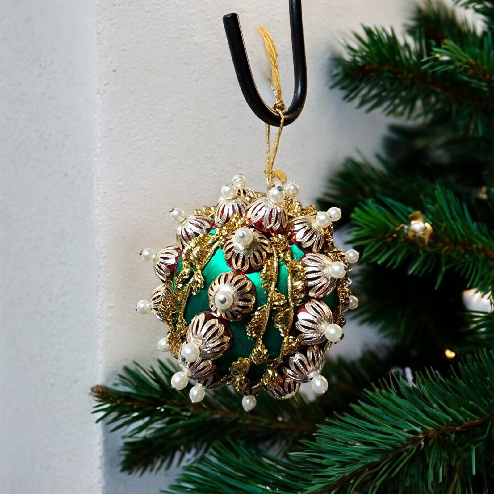 Vintage 80s Holiday Ornament Handmade Pearl Push-Pins Satin Bauble Multicolor 