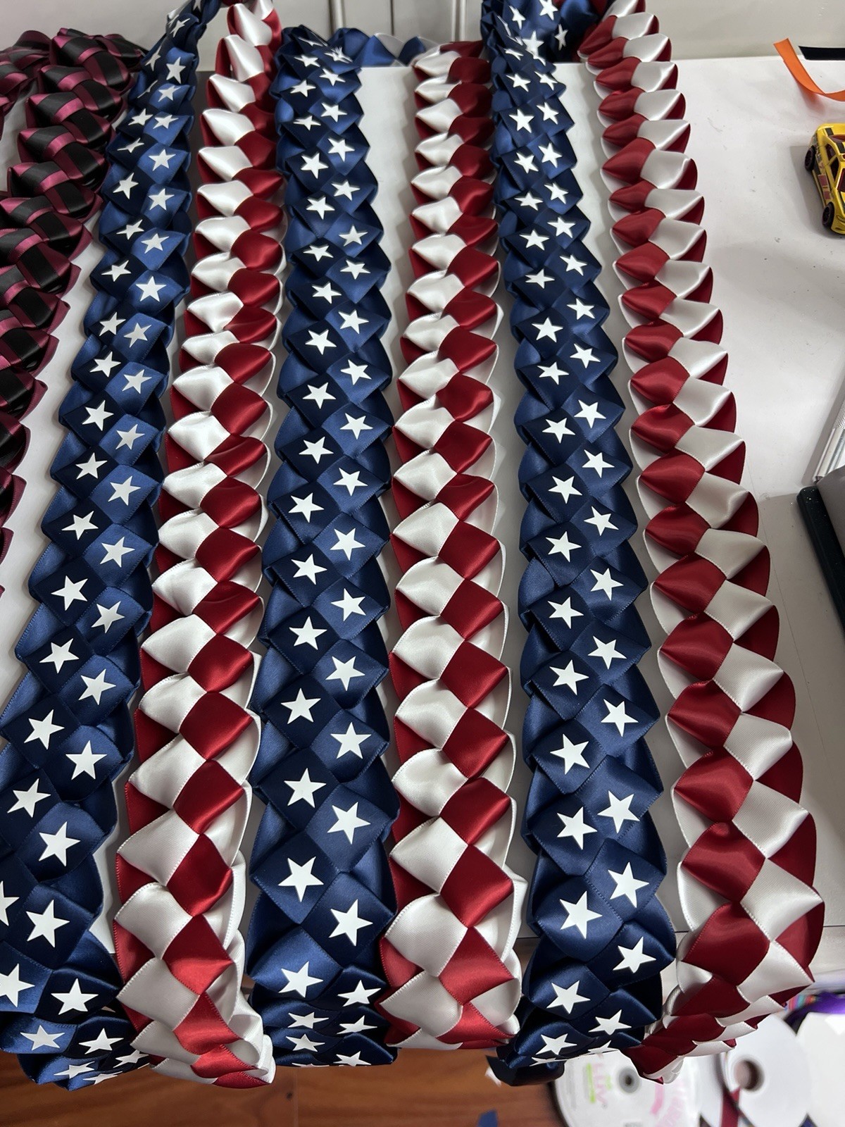 Graduation Lei: USA Flag Ribbon, Red White and Blue With Stars Graduation Lei: USA Flag Ribbon, Red White and Blue With Stars