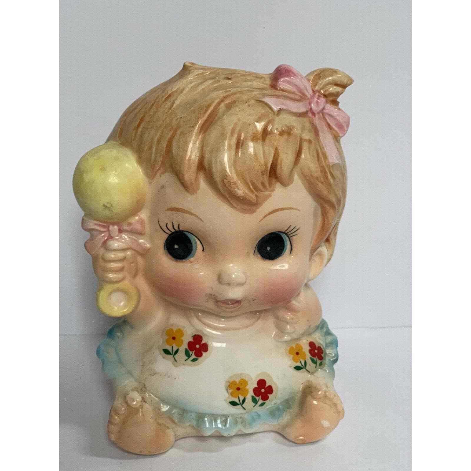 Vintage Baby Planter #527 Vase Rattle Diaper Rosy Cheeks Bow Dress