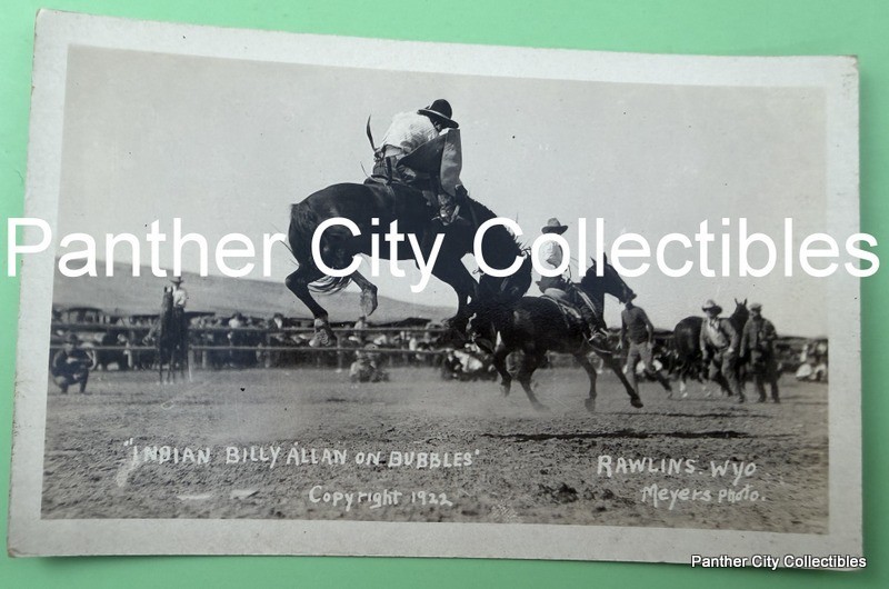 1922 RPPC Photo Postcard Rawlins Wyoming Rodeo Indian Billy Allan Bubbles Horse