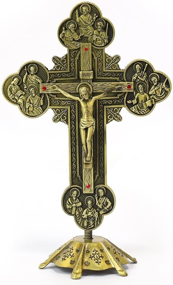 Standing Crucifix with Base - Antique Silver Plated Metal Red Crystal Jesus