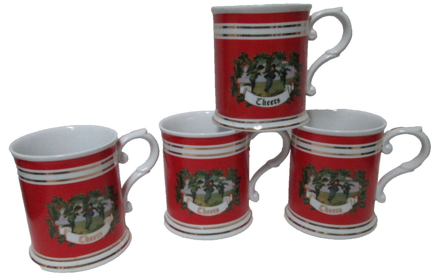 Two's Company Vintage Cheers Christmas New Year's Holiday mug cup set 4 red gold