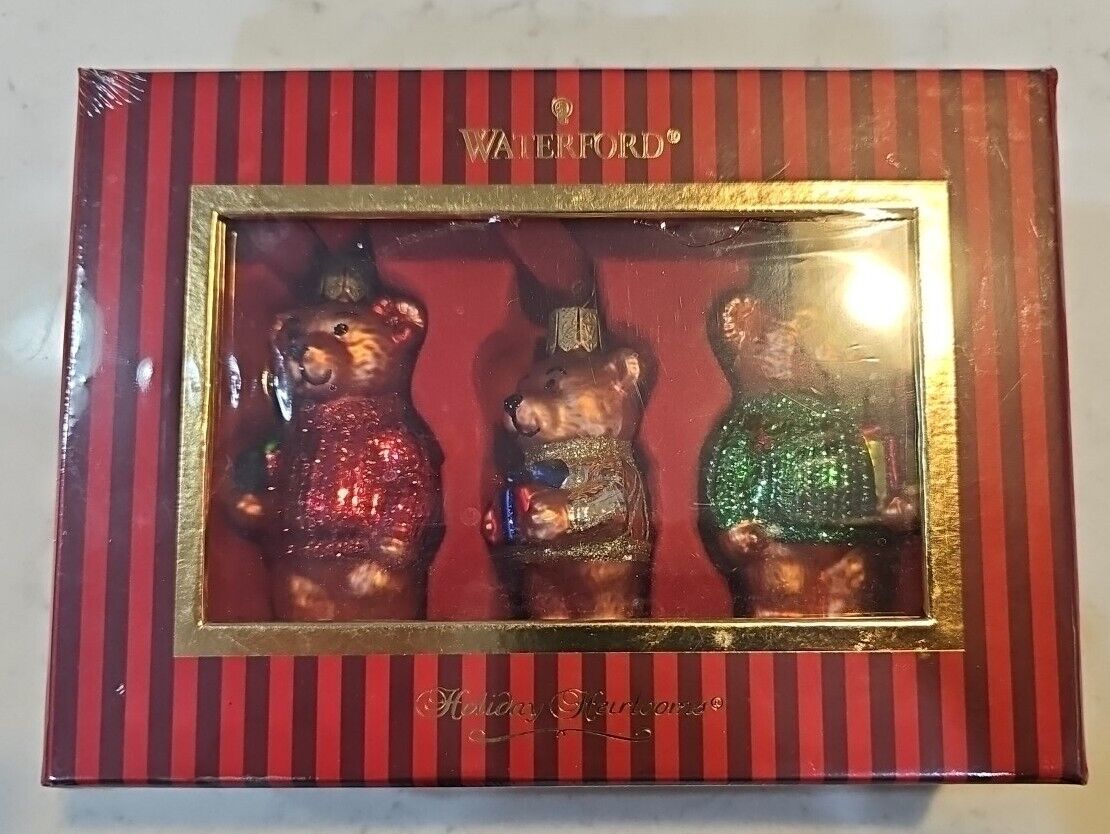 Vintage Waterford Holiday Heirloom Teddy Bears Ornaments  set of 3, glass Sealed