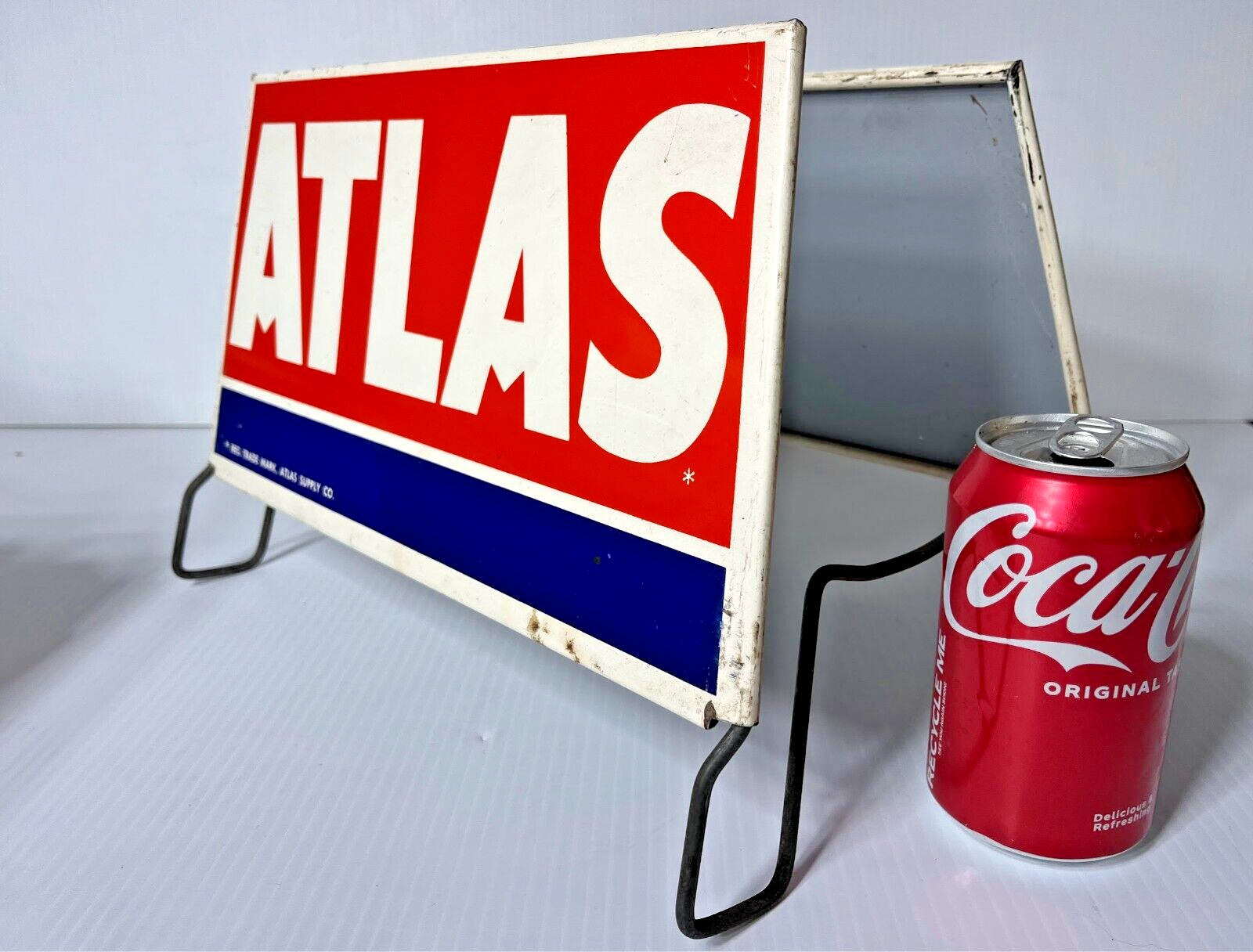 Atlas Supply Co. Metal Tire Stand Advertisement Sign Double Sided Vintage Steel