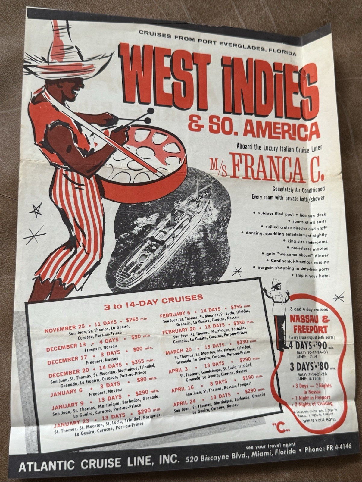 Vintage 1964 M/S Franca C. Cruise Brochure West Indies South America Bahamas