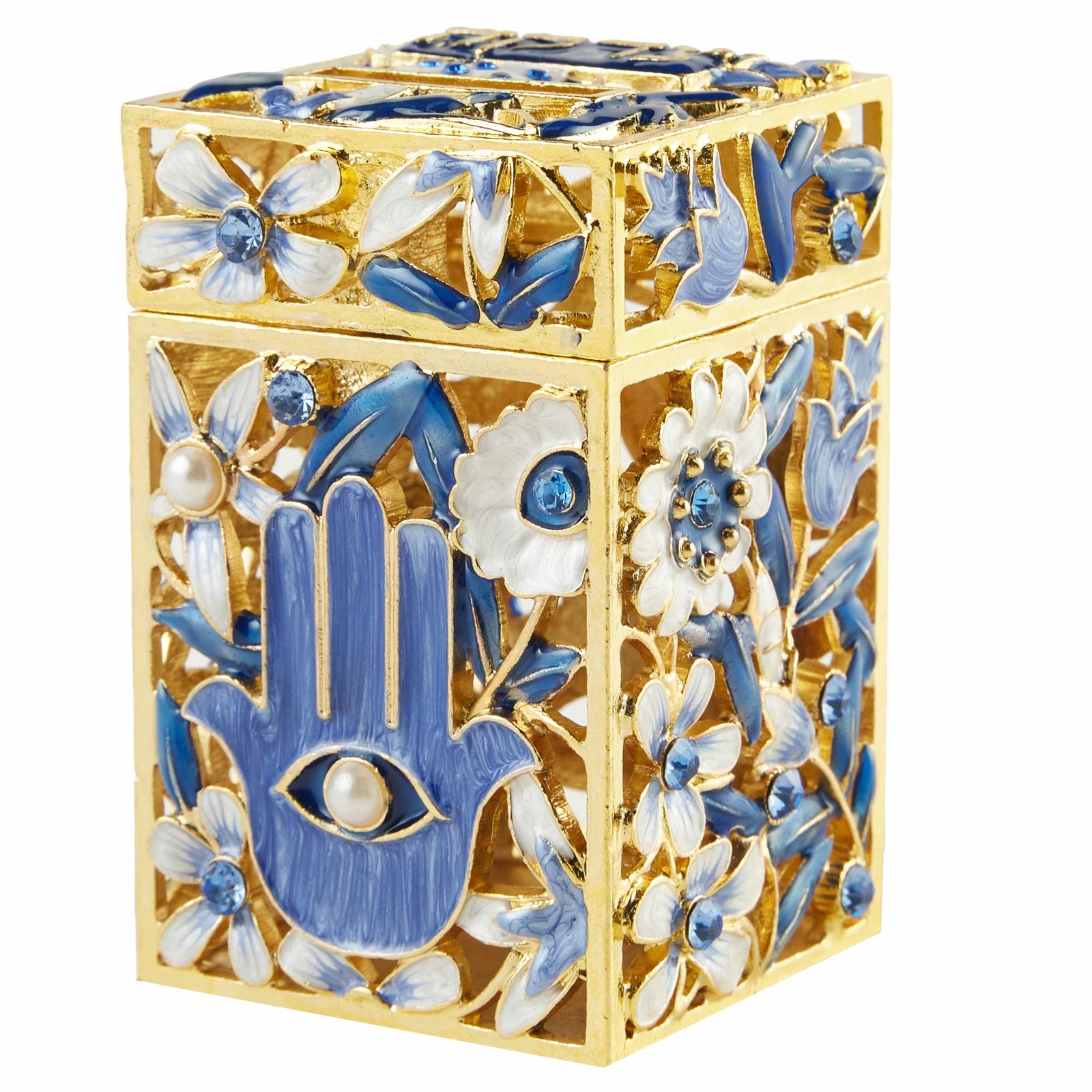 Matashi Hand-Painted Enamel Tzedakah Charity/Treasure Box Embellished w Crystals
